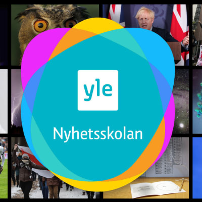Yle Nyhetsskolans logo och ett kollage av bilder från olika nyhetshändelser.