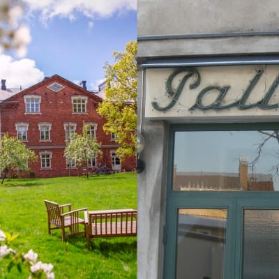 Ett bildkollage som visar det stora tegelhuset från 1899 i Billnäs, samt Bio Pallas fasad i Karis.
