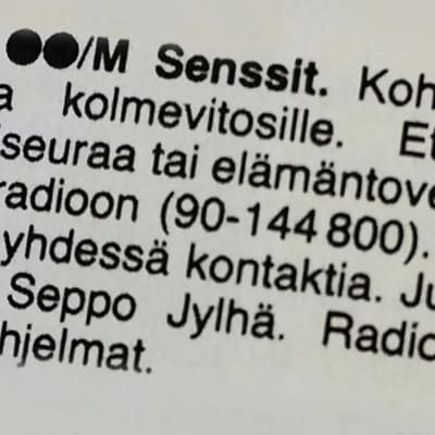 Radion ohjelmateksti Senssit-ohjelmasta Katso-lehdestä lauantaina 23.7.1983