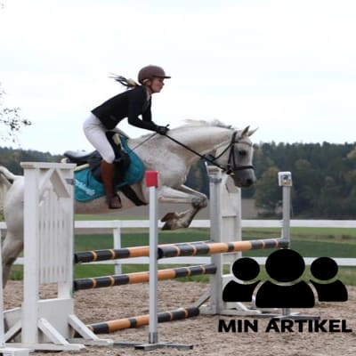 En kvinna hoppar med en häst över ett hinder. På bilden finns en logotyp där det står "min artikel".