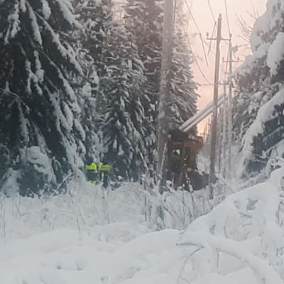 Metsikössä olevaa sähkölinjaa korjataan lumihangessa.