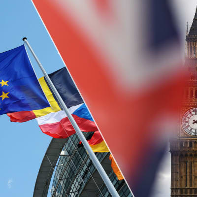 En bild av EUs flagga och Storbritanniens flagga samt Big Ben. 