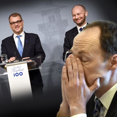 Bildcollage som visar Juha Sipilä, Petteri Orpo och Sampo Terho som ler, och Jussi Halla-aho som ser ledsen ut. 