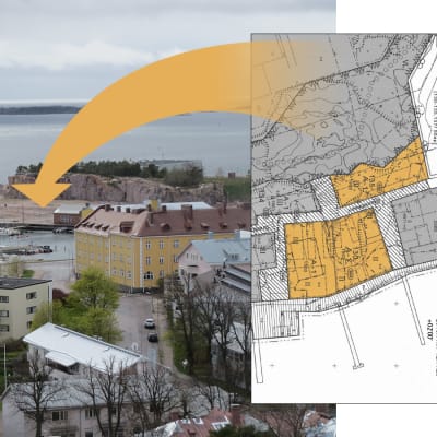 Bildcollage av hangö stads karta över tomter och ett fotografi av Östra hamnen i Hangö.