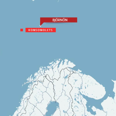 Karta över Norra Ishavet och Komsomolets förlisningsplats. 