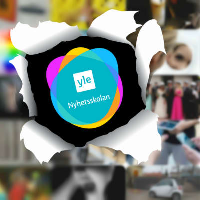 Ett kollage med olika nyhetsbilder samt Yle Nyhetsskolans logo.