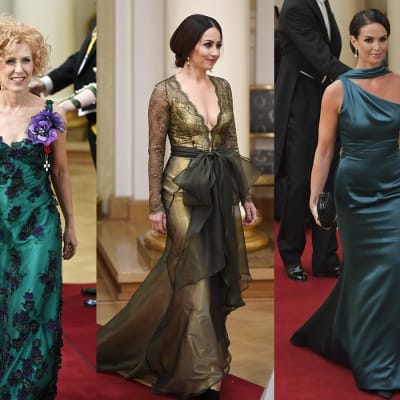 fyra kvinnor i gröna klänningar, kollage