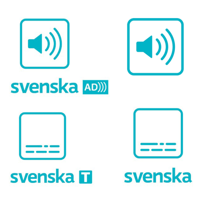 Kokoelma symboleista Ylen ohjelmissa ja verkkosivuilla. Ylärivissä tekstityksen, kuvailutulkkauksen sekä ääni- ja kielivaihtoehtojen symbolit. Alhaalla dolby 5.1 -äänen, ruotsinkielisen ohjelmatekstityksen ja ruotsiksi käännetyn tekstityksen symbolit.