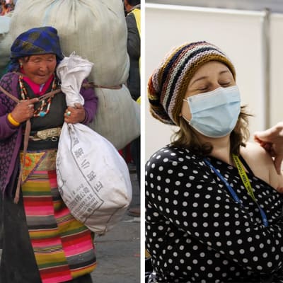 Bildmontage med en bild på cyanobakterier, en kvinna som tillhör en tibetiansk folkgrupp i Kina och en kvinna som blir vaccinerad.
