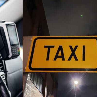 Ratt, navigator och taxameter i en bil samt en skylt där det står taxi.
