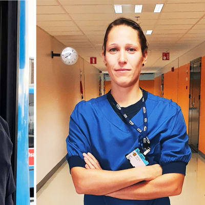 Bilden innehåller två separata bilder. Till vänster syns en glad busschaufför kommer ut ur en buss och till höger en sjukskötare som har armarna i kors och tittar in i kameran. Hon står i sjukhuskorridor.