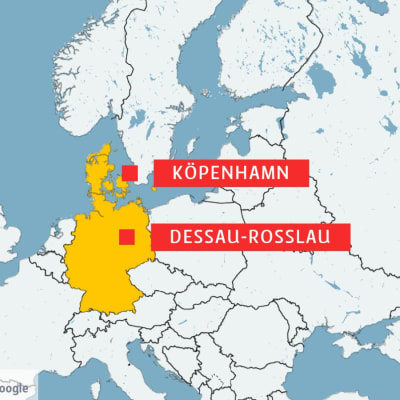 Karta över delar av Europa, men Danmark och Tyskland i gult och alla andra länder i vitt. 