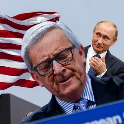 Bildcollage av Donald Trump, Jean Claude Juncker och Vladimir Putin.