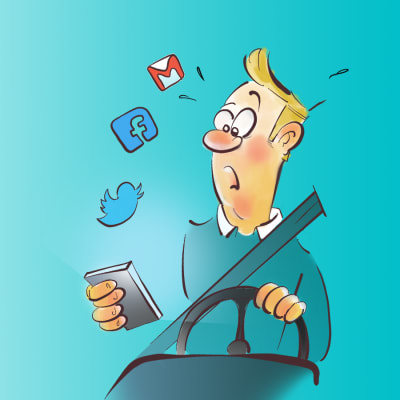 Illustration av en person som kör bil och surfar på mobilen samtidigt.