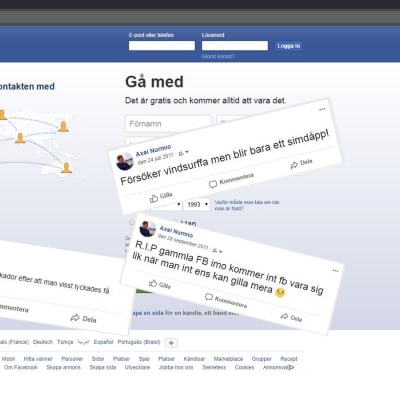 Skärmdump från facebooks inloggningssida och Axel Nurmios gamla statusar.