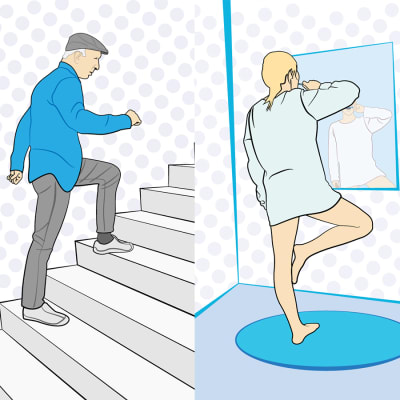 Bildcollage av grafik som visar folk som motionerar i vardagen genom att tvätta fönster, gå i trappor och borsta tänderna på ett ben.