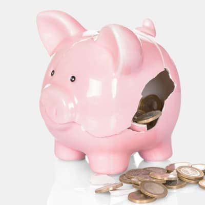 En gris sparbössa som är sönder och euro mynt ligger bredvid. Fpa logo i hörnet på en flygande säck av pengar.