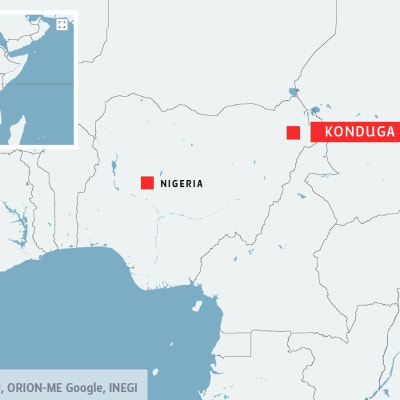 Byn Konduga där en kvinnlig självmordsbombare dödade 27 personer. 