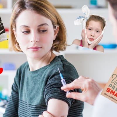 En kvinna som ska få en spruta av en läkare. Runt henne bild av Franklin D. Roosevelt, en kampanj för vaccinering mot smittkoppor, en lite flicka med en duk knyten ren huvudet och en ritad röd hund.