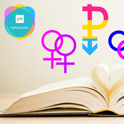 Fler symboler för olika sexuella minoriteter ovanför en öppen bok. I vänstra hörnet Yle Nyhetsskolans logo.