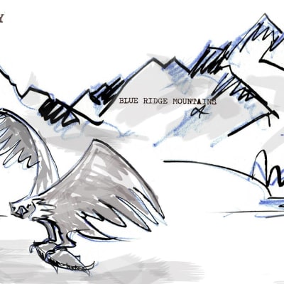 Illustration där en örn har fångat lax och berg i bakgrunden