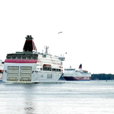 En bild på fyra kryssningsfartyg på avstånd. Bilden har Yle Nyhetsskolans logo i högra övre hörnet.