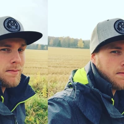 En man iklädd keps och blå jacka står ut på ett fält. Det ser ut att vara höst.