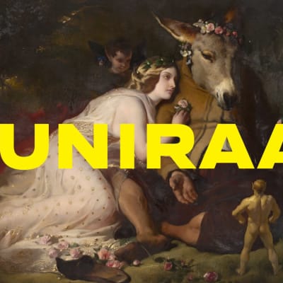 Uniraati-teksti Edward Landseerin Kesäyön unelmaa kuvaavan maalauksen päällä