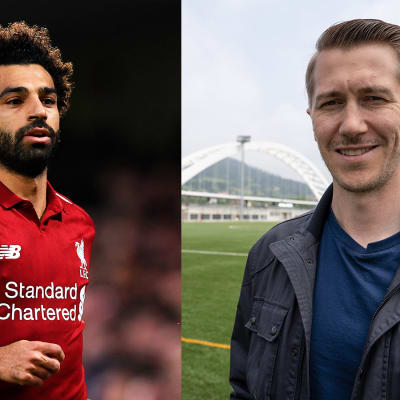 Jalkapalloilija Mohamed Salah (Liverpool) ja Pelipäivä-sarjan vetäjä, näyttelijä Jussi Vatanen.
