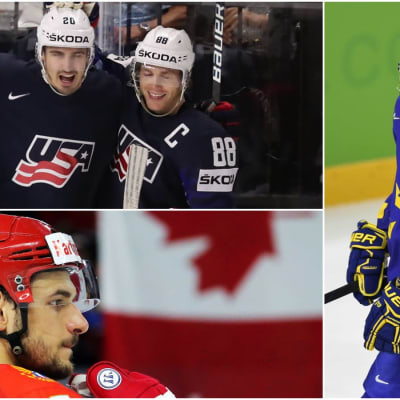 Alex DeBrincat, Chris Kreider och Patrick Kane i USA. Ryssen Artjom Anisimov och svensken Elias Pettersson.