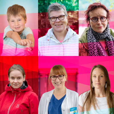 Kuvakollaasi henkilöistä, jotka kertovat omista kokemuksistaan Suomen terveydenhuollosta.
