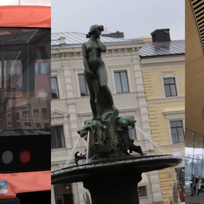 ett rött metrotåg, en staty av en kvinna och ett trätak