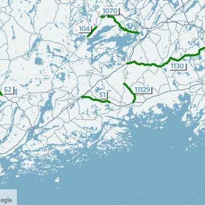 Karta som visar de vägar som kommer att förbättras under år 2020 i Västnyland.