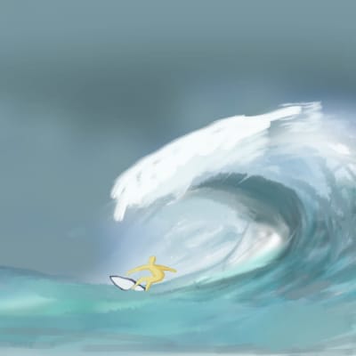 Stor våg som sköljer över surfare, animation. Stort hav.
