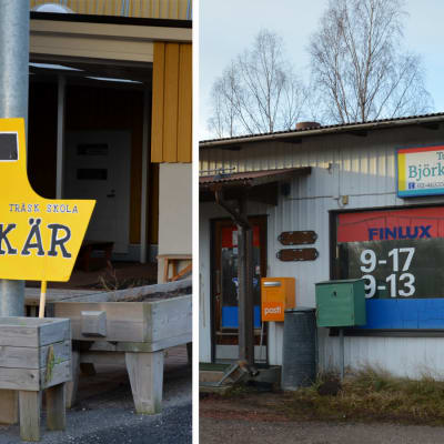 Bildcollage: till vänster en snickrad gul färja, till höger en äldre bild av Björkö handel.