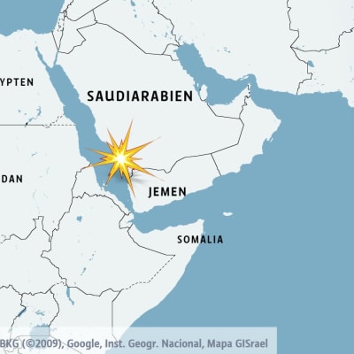 Karta över Saudiarabien och Jemen men platsen där en oljetanker gick på en mina utmärkt.