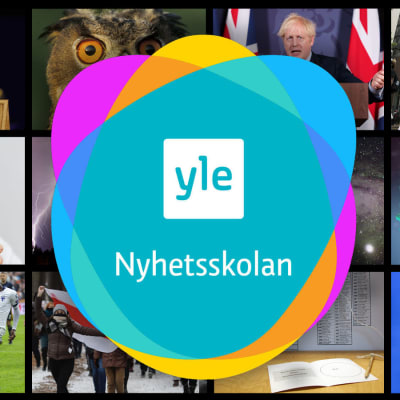 Yle Nyhetsskolans logo och ett kollage av bilder från olika nyhetshändelser.