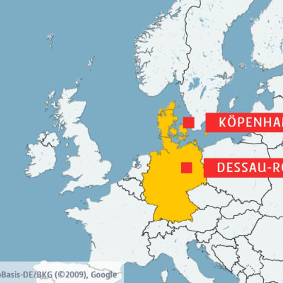 Karta över delar av Europa, men Danmark och Tyskland i gult och alla andra länder i vitt. 