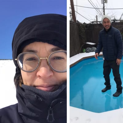Bildmontage med tre bilder från Texas som drabbats av vinterväder. Till vänster folk som går i snön, i mitten en bild på Texasbon Jessica Sundin och till höger en bild på en man som står på vattnet på en frusen simbassäng.