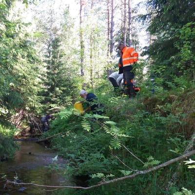 Några personer står vid en bäck. 