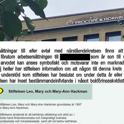 Ett collage på en utomhusbild på juristbyrån Procopé & Hornborg, ett utdrag ur ett protokoll, och en skärmdump från en webbsida.