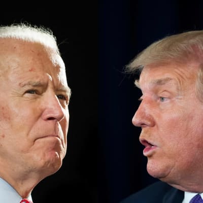 Collage med svart bakgrund på demokraternas presidentkandidat Joe Biden (till vänster) och republikanen, USA:s nuvarande president Donald Trump.