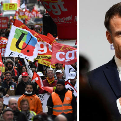Bildmontage. Till vänster en bild på fransmän som protesterar mot pensionsreformen, till höger en bild på president Emmanuel Macron.