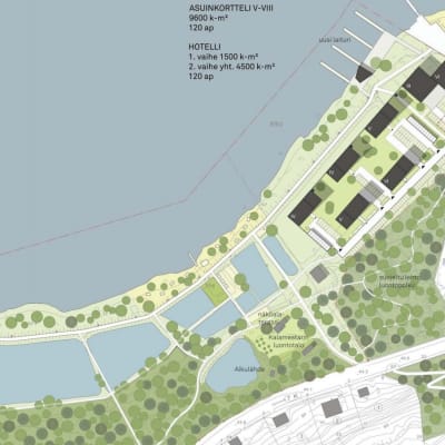 Ett av de tre alternativen för hur Porla i Lojo kunde se ut med hotell och bostäder. Det här alternativet kallas för Vetoketju.