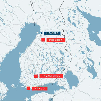 En karta över Finland där Pulkkila, Tavastehus och Hangö är utmärkt med rött. 