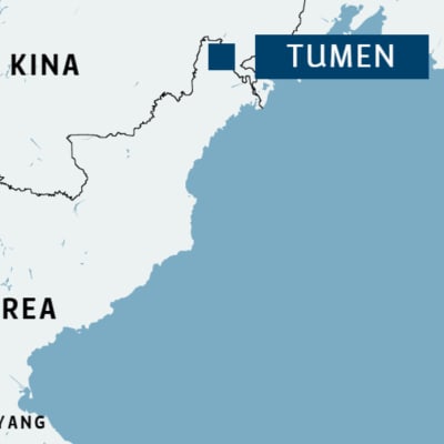 Karta över Nordkorea där floden Tumen och huvudstaden Pyangyang är utmärkt.
