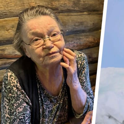 Kuvaparissa vasemmalla Aŋŋelilainen eläkelainen Kirsti Saijets ja oikealla kylätyöntekijä eli gilibargi Armas Lantto kolaa lunta katolla. 