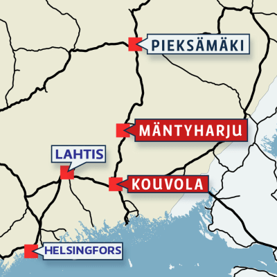 Karta över södra halvan av Finland.
