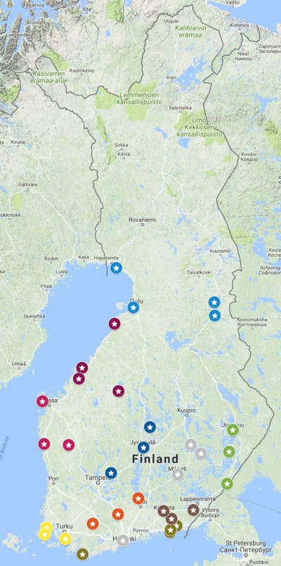 Finlands karta med punkter som beskriver var tv-programmet Egenland spelades in under sommaren 2017.