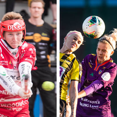 Kuvasarjassa Manse PP:n pelaaja syöksyy, IPS:n pelaaja lyö, FC Hongan ja Åland Unitedin pelaajat kamppailevat pallosta sekä KuPSin maalivahti sulkee pallon.
